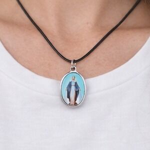 Vintage Madonna Pendant Necklace Blue Enamel Oval Cross Back